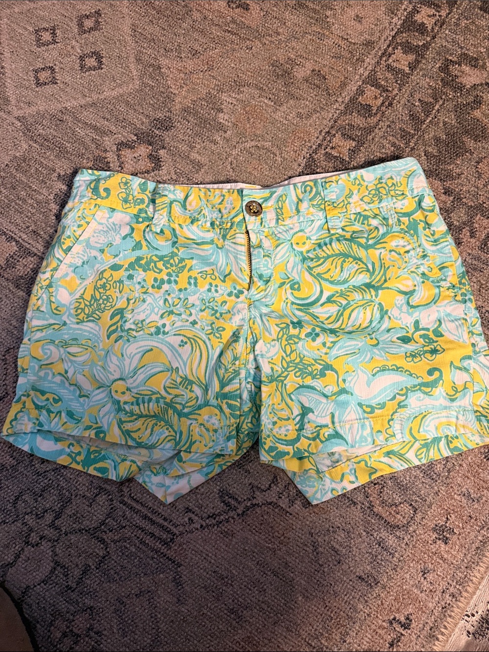 Lilly Pulitzer Yellow & Aqua Patterned Cotton Shorts